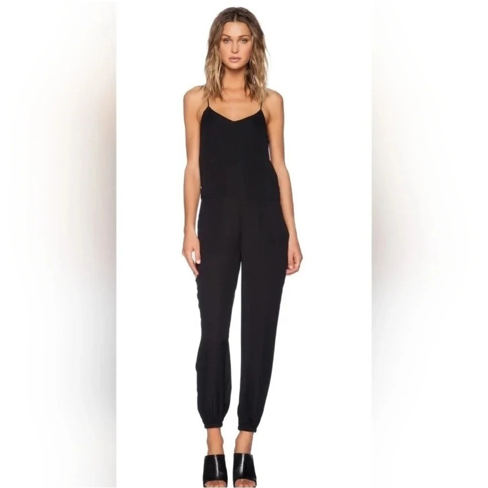Theory 100% silk Black Jumpsuit jogger cuffs spaghetti straps front pockets sz 4 - Picture 3 of 11